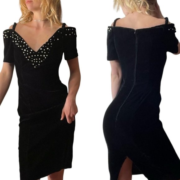 90s 6 Petite Black Velvet Off Shoulder Cocktail Dress Embellished - Picture 1 of 12